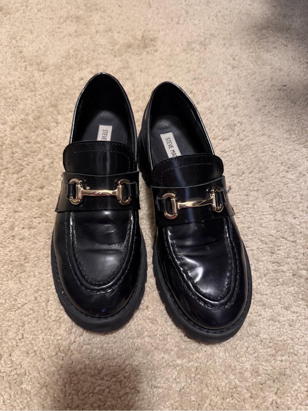 Steve Madden Lando Black Lug Sole Leather Loafers with Gold Horse-Bit Buckle
